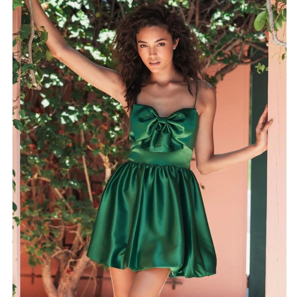 Ieena For Mac Duggal Bow Front Bubble Hem Satin Mini Dress